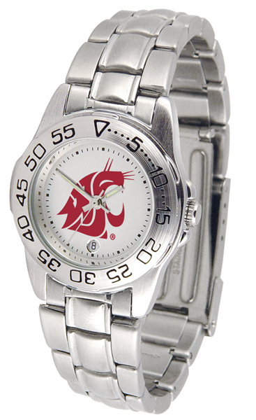 Watch with a silver wrist strap and bevel and a white face with a crimson cougar head logo.