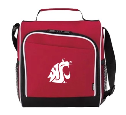 WSU lunch cooler in crimson material with black and white highlights and a white cougar head logo.