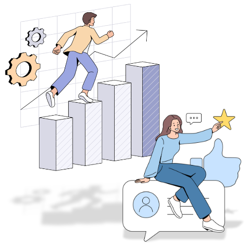Illustration of a man running along the top of a bar graph and a woman sitting on a comment box.