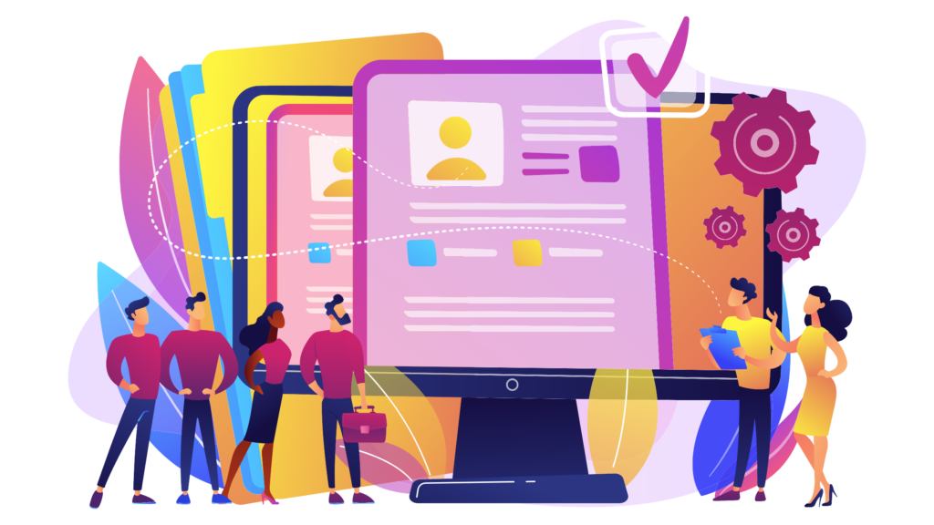 Graphic of oversized computer screens with candidate profiles being evaluated by hiring team