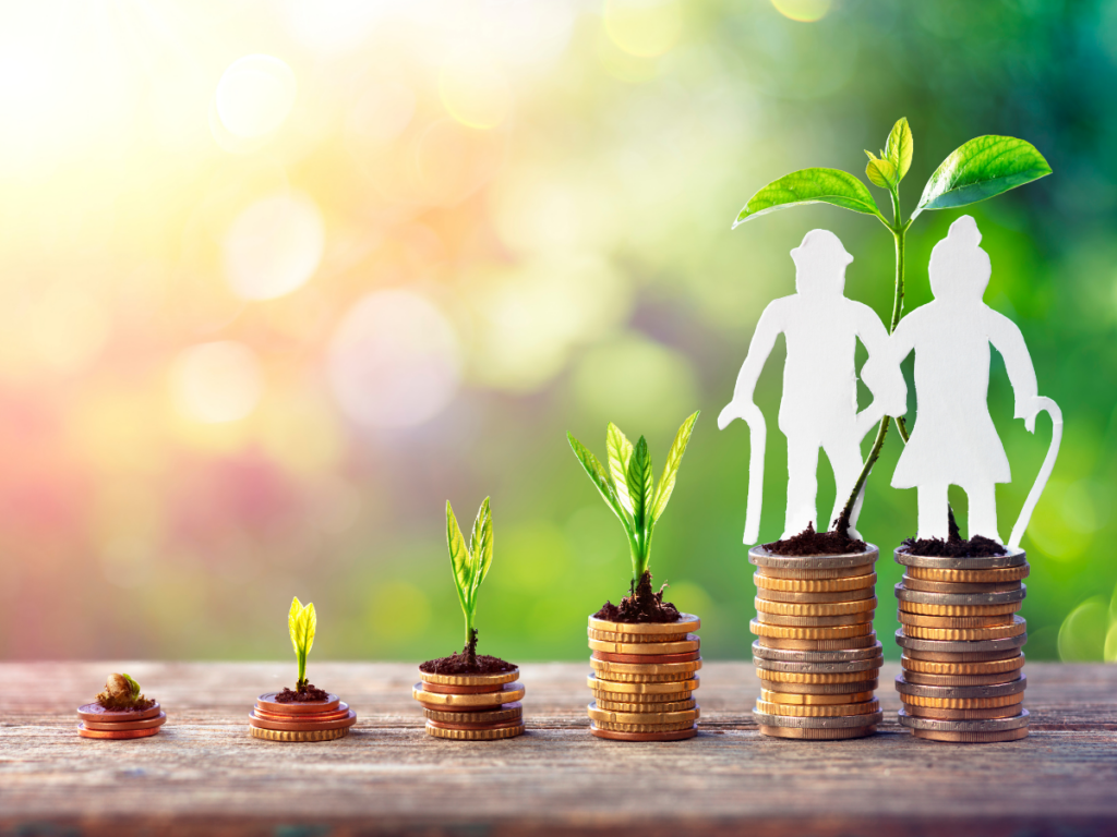 rows of stacked coins, each higher than the previous, with progressive plants growing. Cutout of an elderly man and woman holding a cane on the highest stacks. 