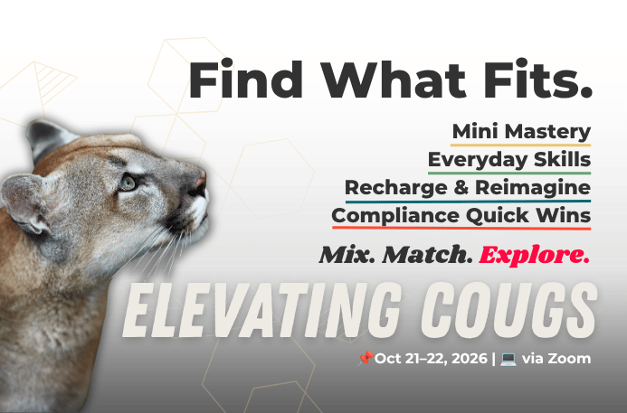 image of a cougar looking on the right side of the page, looking up at text: Find What Fits. Mini-Mastery, Everyday skills, Recharge & Reimagine, Compliance Quick Wins. Mix. Match. Explore.
