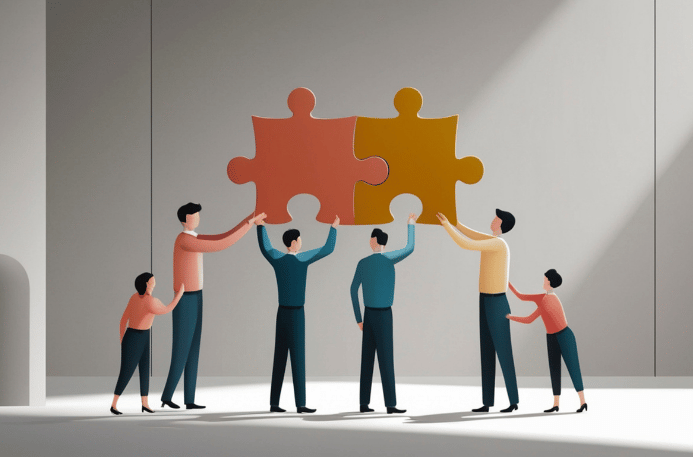 Graphic of several individuals holding up oversized puzzle pieces over their head, forming a portion of a puzzle.