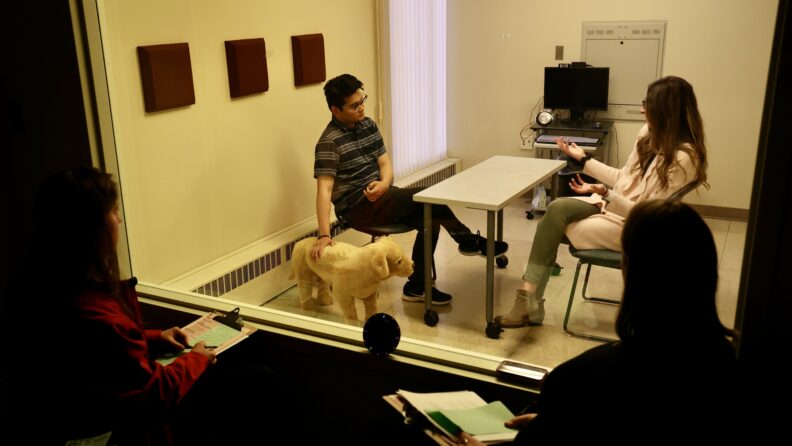 Simulated participant and veterinary student participate in live roleplay.