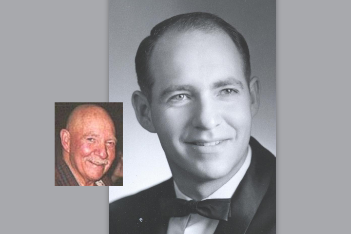 "Doc" as a DVM student with an inset of him as a mature adult on the left.