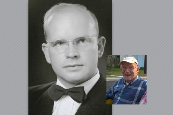 Dr. Bonallo as a recent DVM grad, in a black suit with bow tie, and a small inset photo of him as a senior citizen.