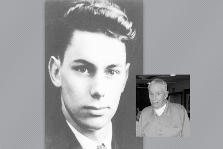 Black and white photo of David while he was a DVM student with an inset photo of him as a senior citizen.