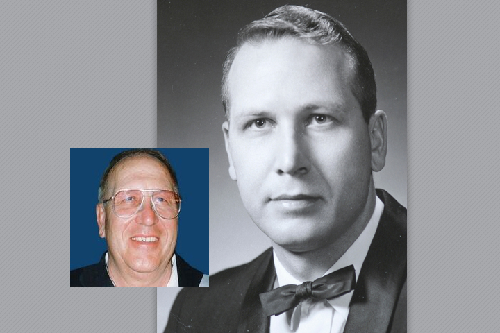 Douglas as a recent DVM grad, wearing a dark suit with bow tie, and a second inset photo of him later in life.