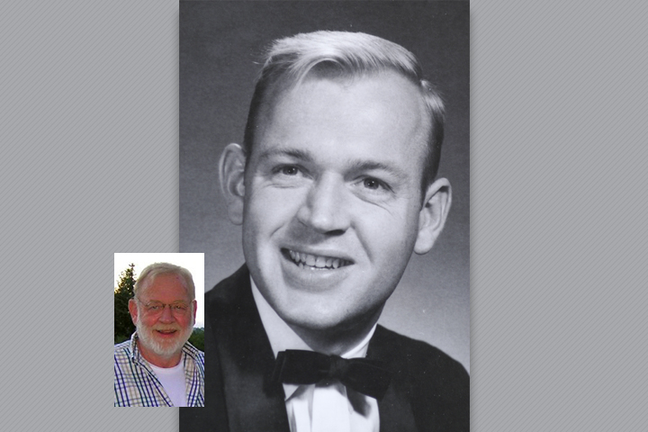 Photo of Michael from 1966 with an inset photo of him later in life.