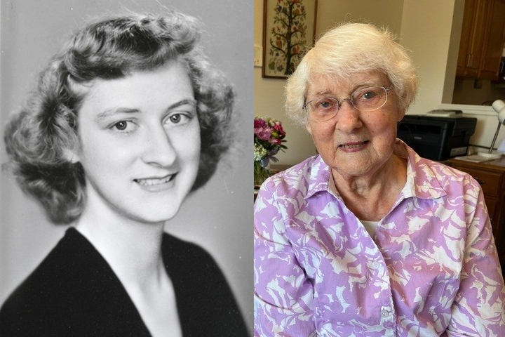 Two images of Betsy, (L) in 1949, and (R) Betsy as a senior citizen.