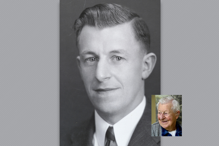 Black and white photo of Matthew while he was a DVM student with an inset photo of him as a senior citizen.