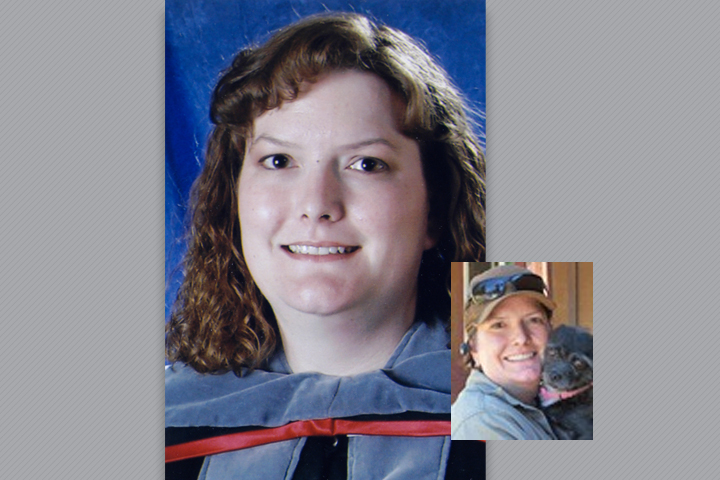 Rebecca in her graduation gown with an inset pic of her holding a small black dog.