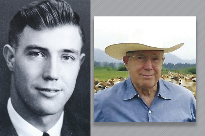 On the left, Roy as a recent DVM grad. On the right Roy as a mature adult. He's wearing a white cowboy hat, blue shirt, and there are cattle in the field behind him.