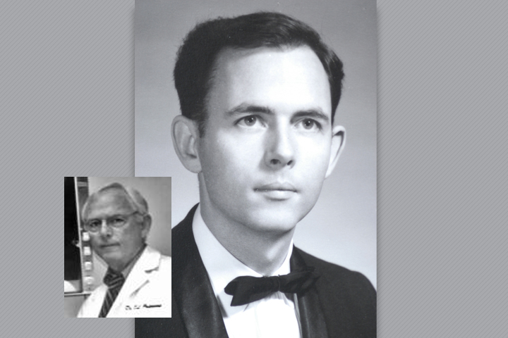Black and white photo of David while he was a DVM student with an inset photo of him in his white coat as a mature adult..