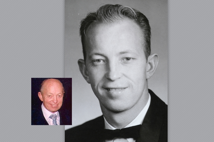 Devon as a recent DVM grad, wearing a dark suit with bow tie, and a second inset photo of him later in life.