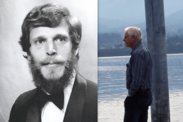 Two photos of James, left, DVM graduation photo, right, as a mature adult leaning against a pole and looking out over a body of water.