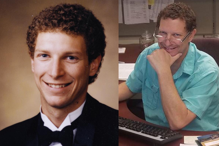 Left, Greg as a DVM student, right Greg at a desk, smiling.