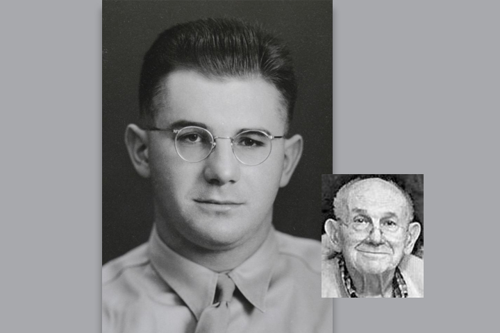Paul as a DVM student with an inset of him as a senior citizen.