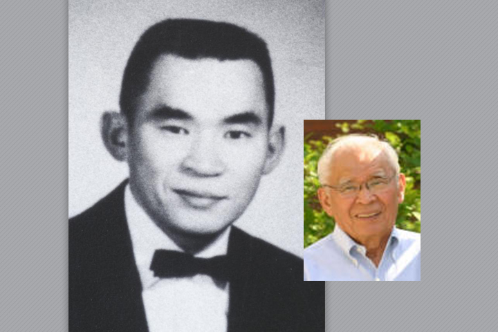 Left, Thomas as a DVM student. He's wearing a black suit, white shirt, and black bow tie. Right, inset of Thomas as a senior citizen.