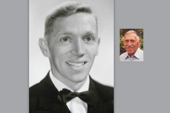 Left, John on the left in a black and white suit with a bow tie, right, inset of John as a mature adult.