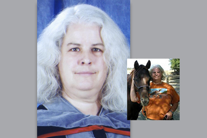 Cathryn wearing her commencement gown, and an inset of her with her horse on the right.