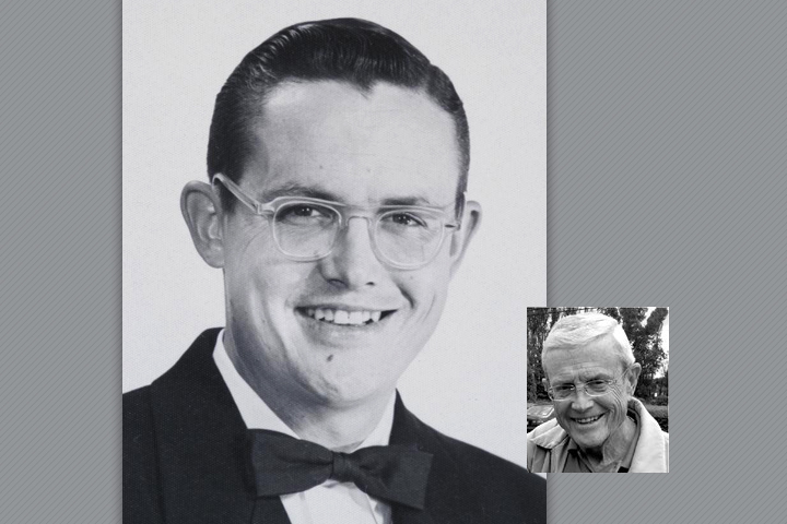 Robert as a DVM student. He's wearing a black suit, white shirt, and black bow tie (left), and as a senior citizen on the right.