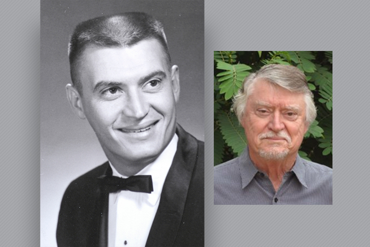 Side by side pictures of Norm, on the left as a college graduate, and on the right as an adult in 2021.