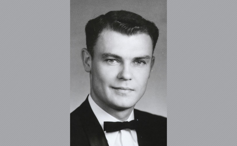 Black and white head shot photo of William Noble in tuxedo.