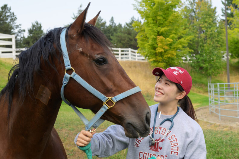 A veterinary student poses with a horse