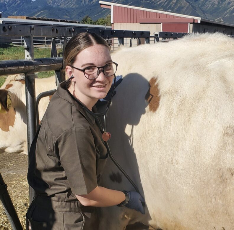 DVM student Brooklynn Balic stands with a cow
