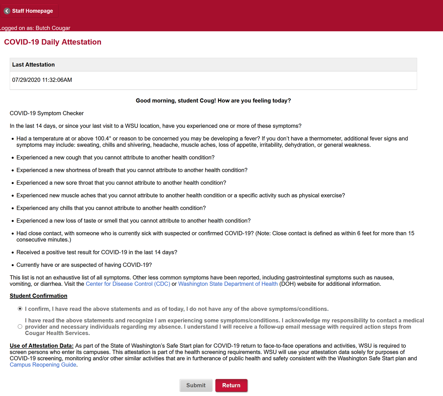 COVID Attestation Screen