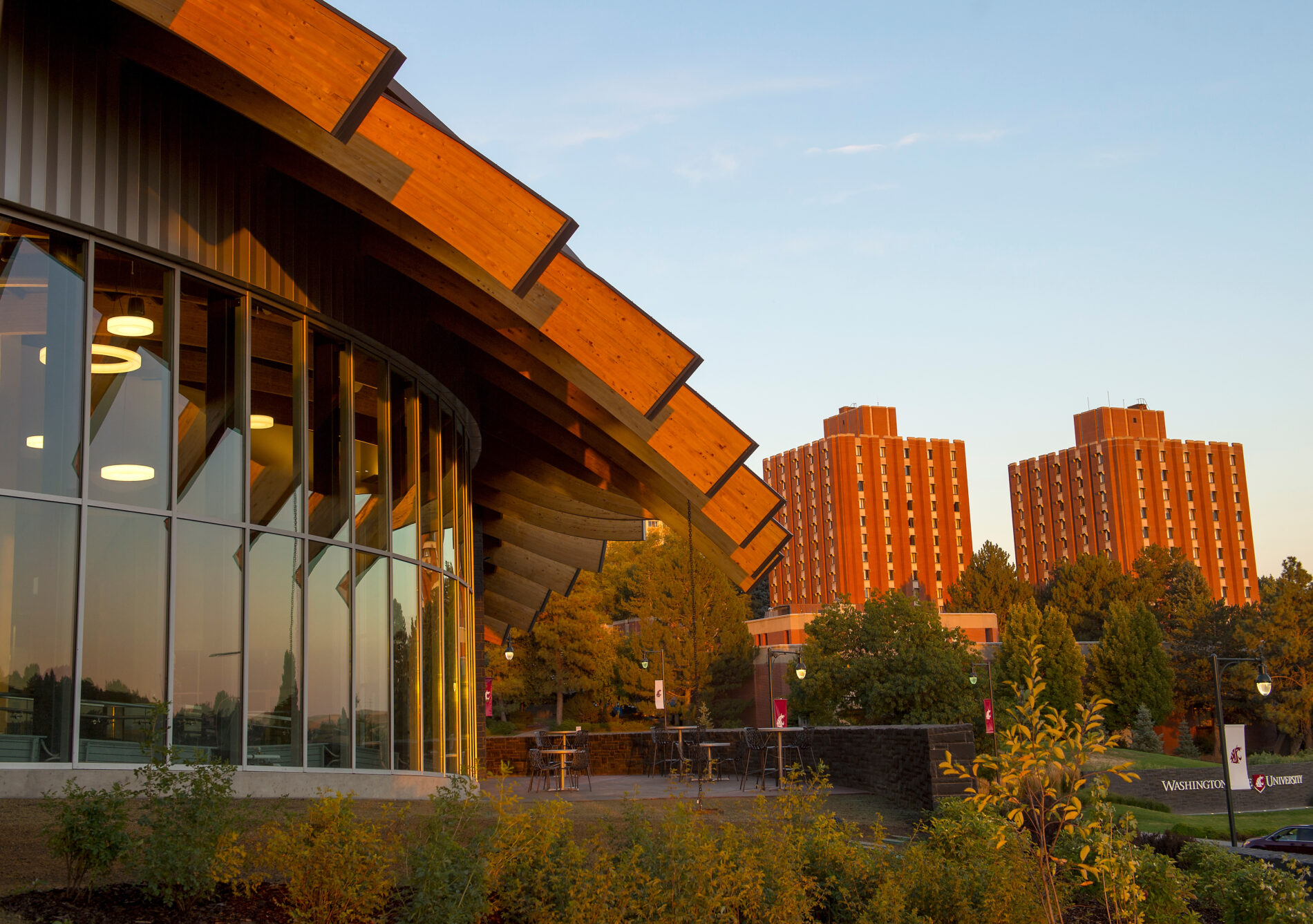 Images of Elson S. Floyd Cultural Center at sunset on the campus of Washington State University
