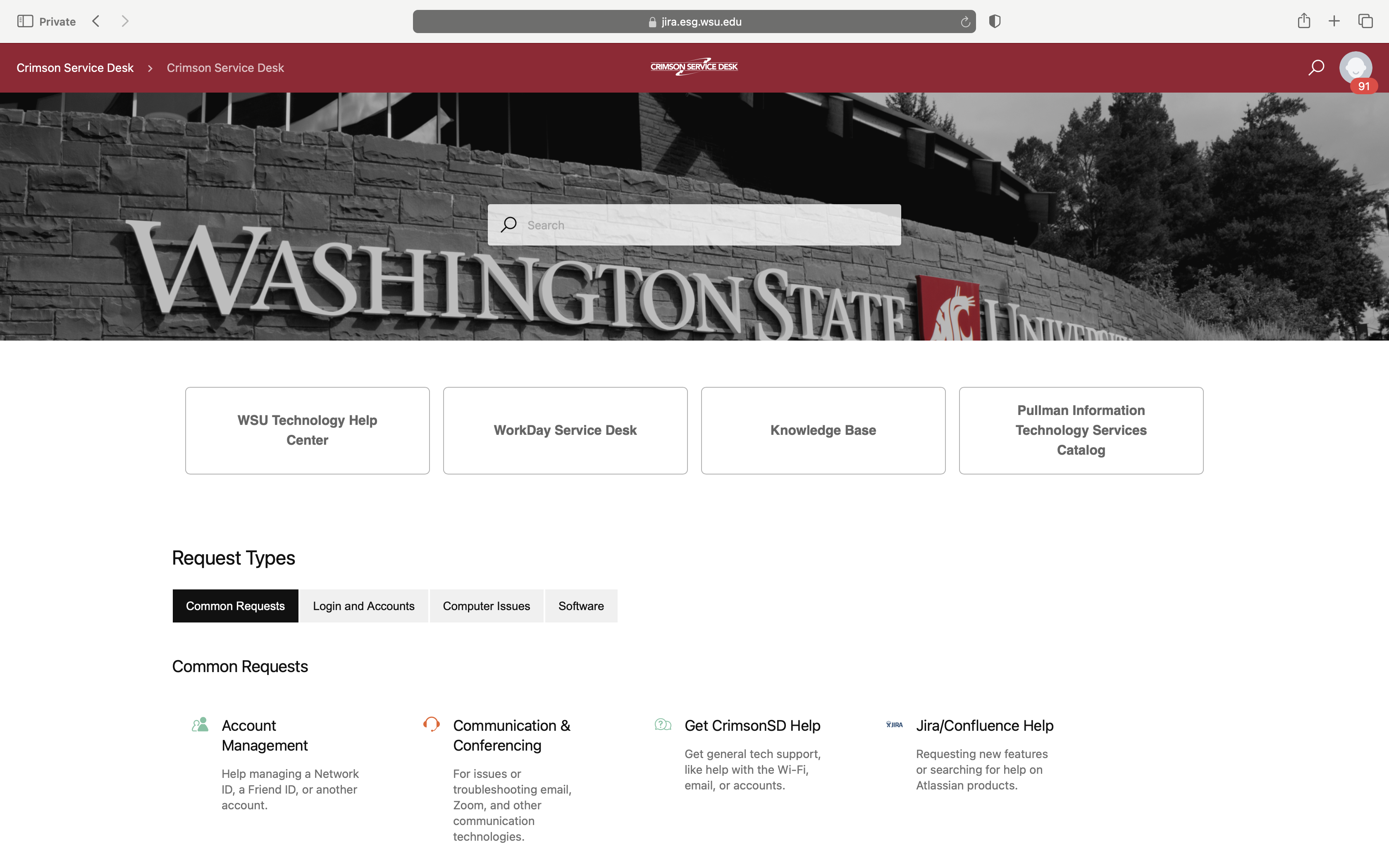 Crimson Service Desk portal with current customized layout