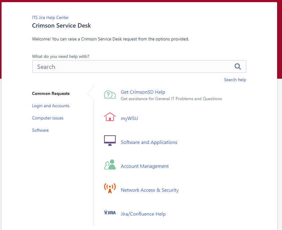 Crimson Service Desk portal with new simplified layout