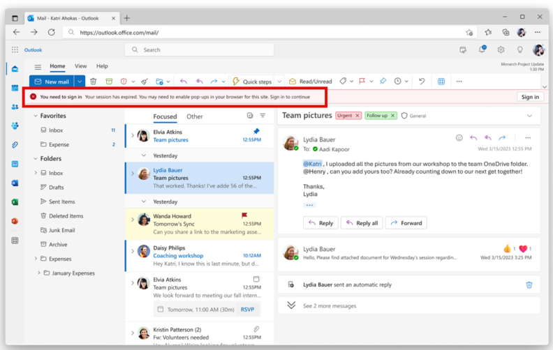 Outlook on the web displaying sign-in prompt following session expiration.