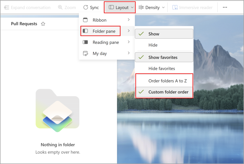 Menu to organize folders in Outlook for the web alphabetically or in custom order