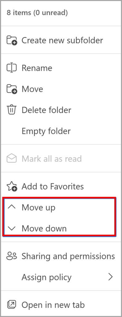 Option to move folders up or down in Outlook for the web