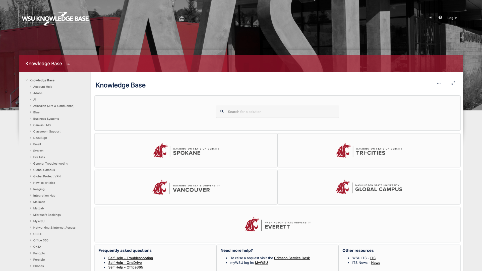 WSU Knowledge Base with the default WSU theming that will retire with Refined Themes