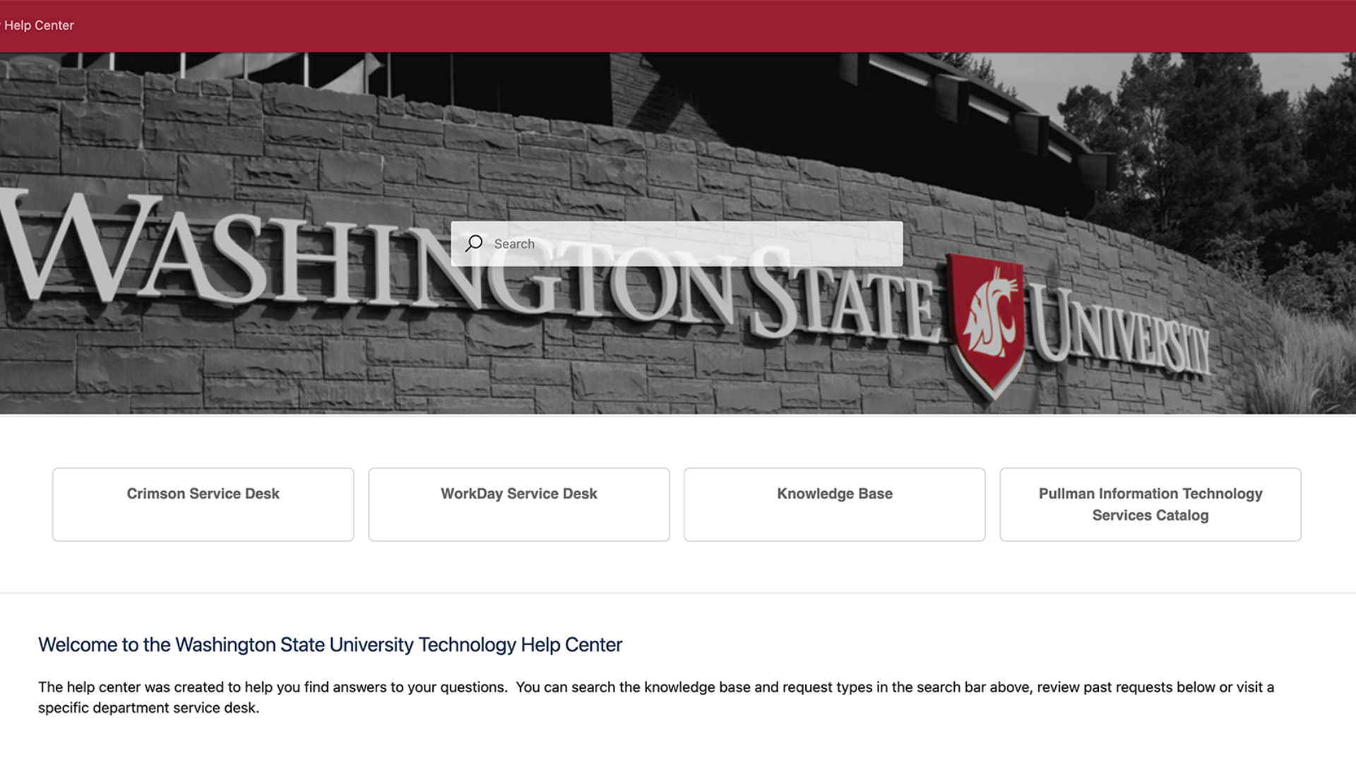 WSU Technology Help Center with the default WSU theming that will retire with Refined Themes