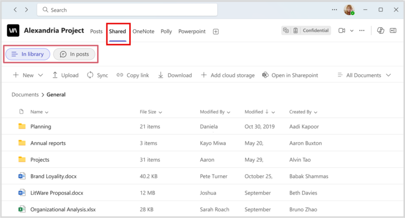 In Library view and In Posts view within Shared tab in Microsoft Teams channel