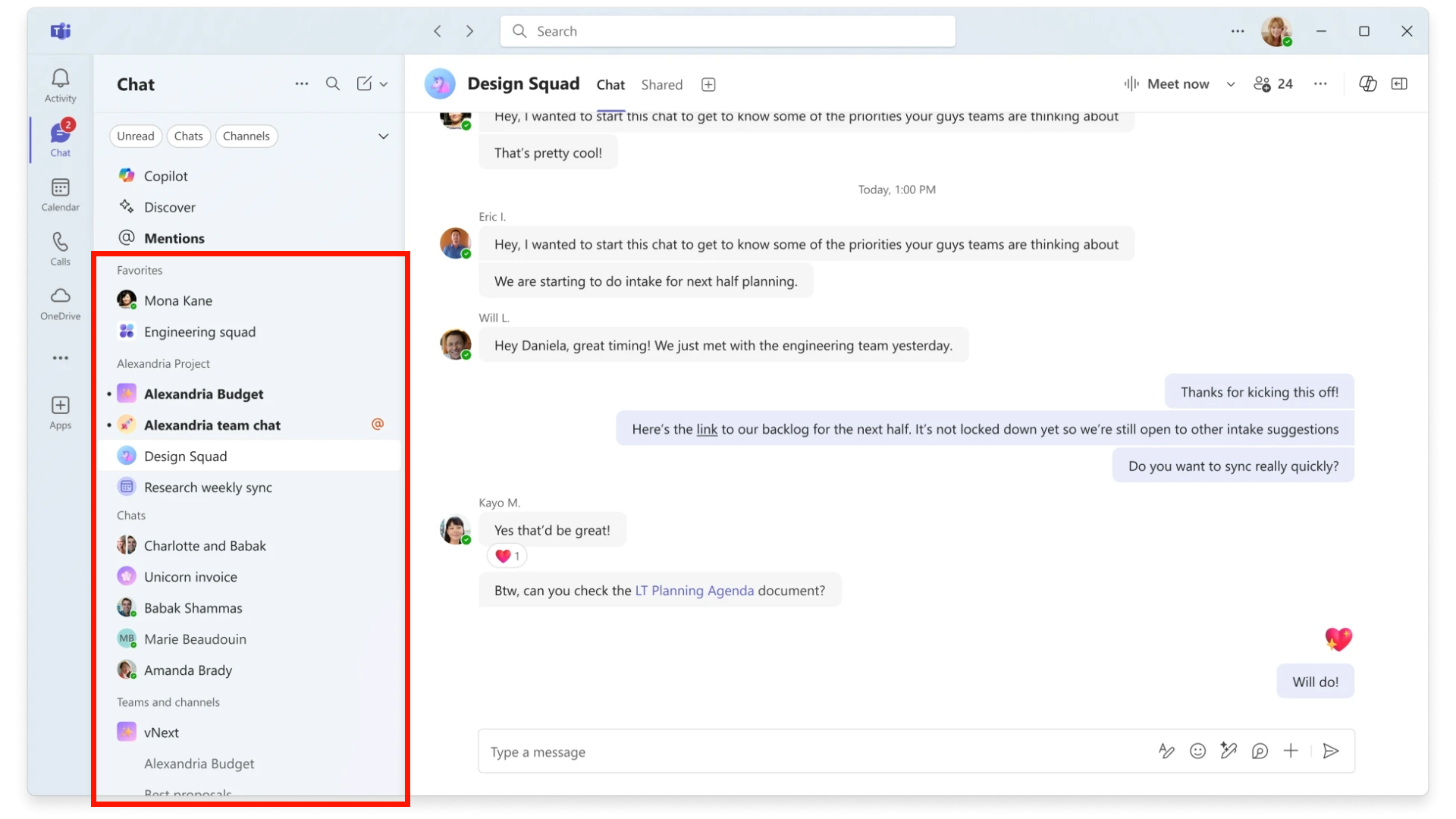Screenshot of the Microsoft Teams application interface. The left sidebar lists chat groups and channels under "Favorites," "Chats," and "Teams and channels." The main panel shows a conversation in the chat.