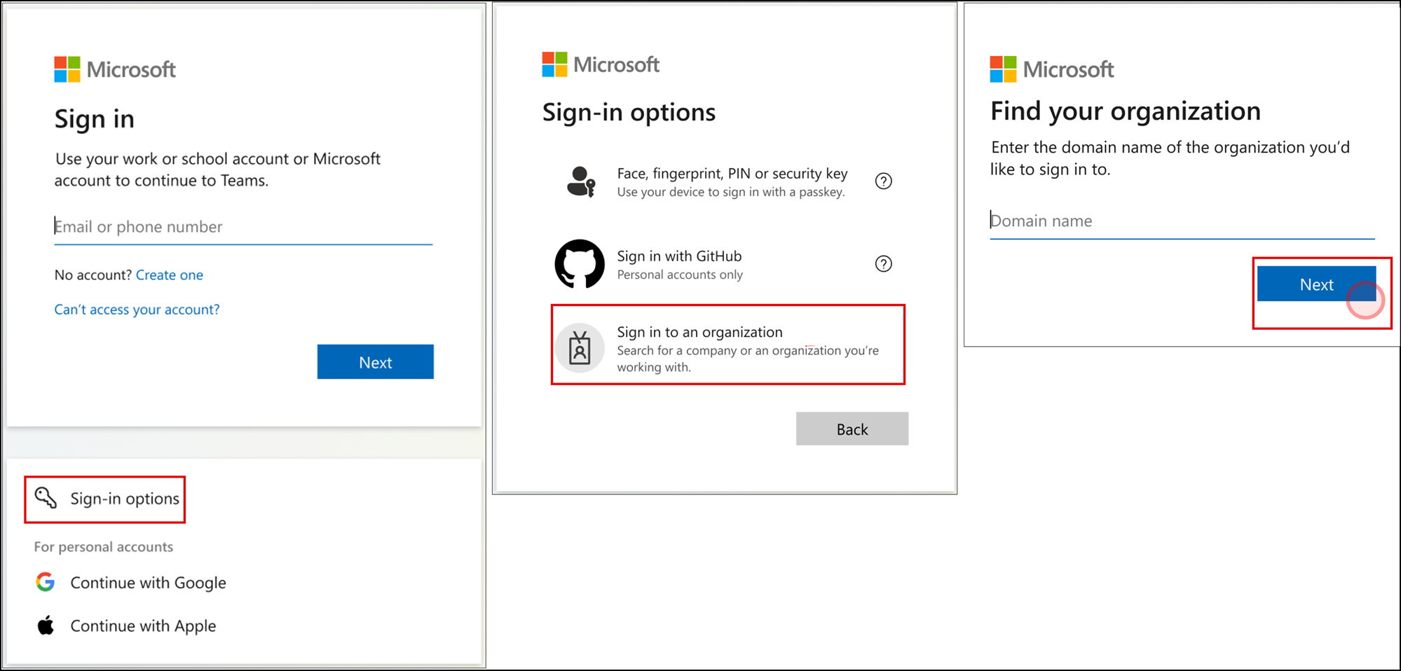 Three screenshots showing the updated Microsoft Teams web sign-in process. The first screen includes options to sign in with a Microsoft, Google, or Apple account. The second screen displays alternative sign-in methods, including GitHub and organization login. The third screen prompts the user to enter their organization's domain name.