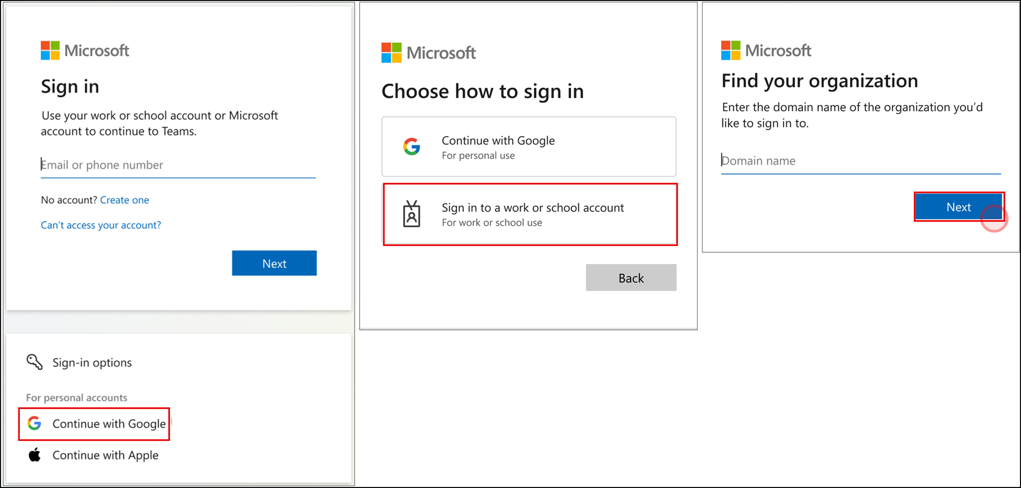 Three screenshots showing the Microsoft Teams web sign-in process. The first screen prompts for an email or phone number and includes options to continue with Google or Apple. The second screen asks the user to choose between signing in with a personal Google account or a work or school account. The third screen prompts the user to enter their organization's domain name and click "Next."