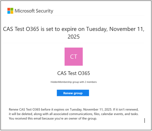 Expiration email for an example Microsoft resource