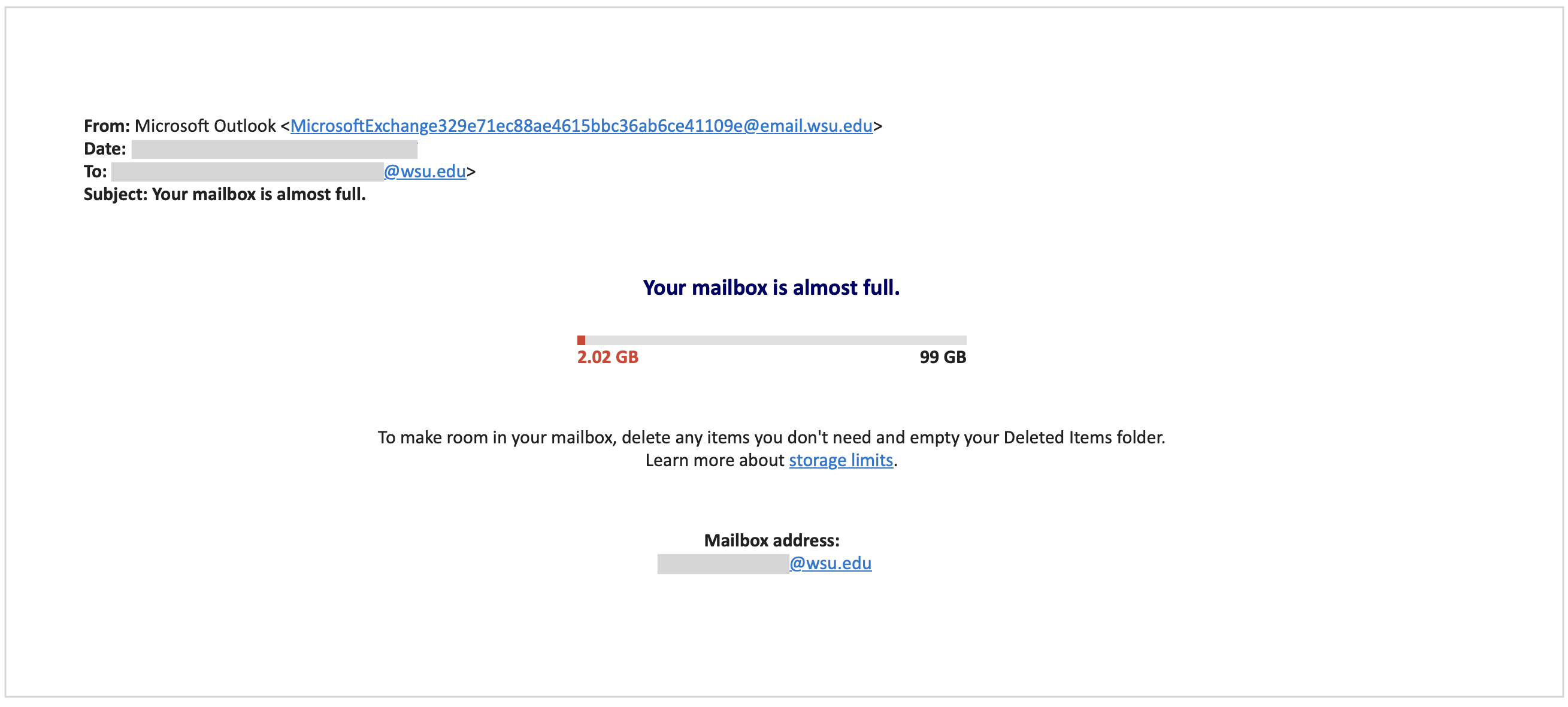 Microsoft storage warning for WSU email
