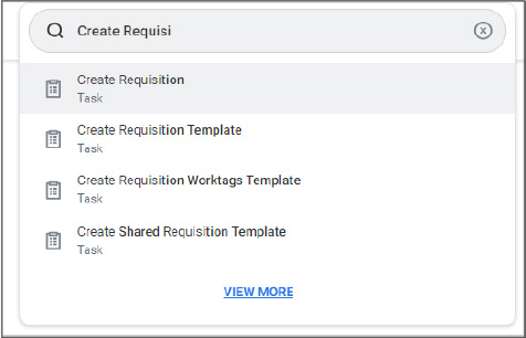 Search results for 'Create Requisition' displaying options: Create Requisition, Create Requisition Template, Create Requisition Worktags Template, and Create Shared Requisition Template.