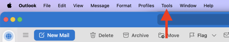 Screenshot of the Outlook desktop application on macOS. The top menu bar shows options: Outlook, File, Edit, View, Message, Format, Profiles, Tools, Window, and Help. A large red arrow points to the ‘Tools’ menu item.