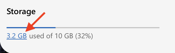 Storage section showing a horizontal progress bar with a red arrow pointing to the blue portion. Text below reads ‘3.2 GB used of 10 GB (32%)’, with ‘3.2 GB’ displayed as a clickable link