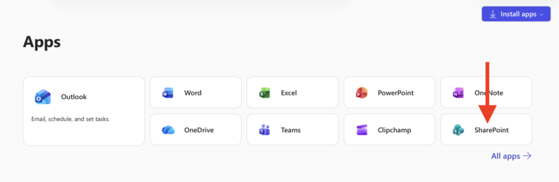 Microsoft 365 Apps page showing a grid of app tiles: Outlook, Word, Excel, PowerPoint, OneNote, OneDrive, Teams, Clipchamp, and SharePoint. Each tile includes an app icon and name. A red arrow points to the SharePoint tile in the bottom row. An ‘Install apps’ button is visible in the top-right corner, and an ‘All apps’ link appears below the grid