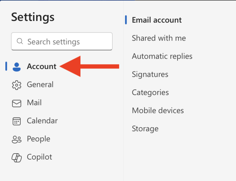 Outlook web settings panel showing a vertical menu on the left with icons and labels: Account, General, Mail, Calendar, People, and Copilot. A red arrow points to the Account option. On the right, the Email account section lists: Shared with me, Automatic replies, Signatures, Categories, Mobile devices, and Storage